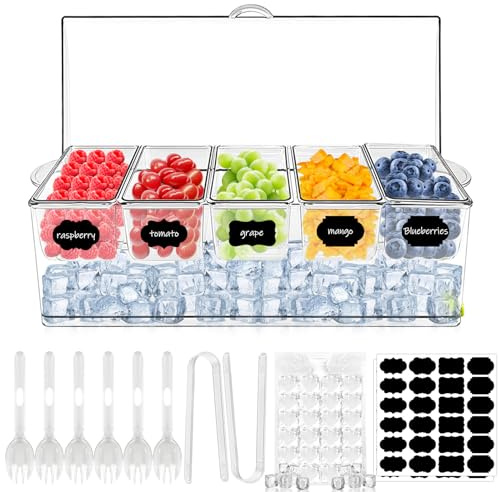 Ice Chilled Condiment Server Caddy, Bar Fruit Caddy with Lid and 5 Removable Compartments, Plastic Storage Food Container Clear Ice Condiment Serving Tray for Party, Toppings Bar Container