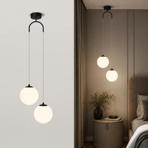 YKSJDFH Lámpara Colgante Moderna con Forma de Globo de Cristal, 2 Luces, Color Blanco, Negro/Dorado, de Aluminio, con Pantalla de Bola de Cristal, lámpara de araña Ajustable de Doble Extremo para