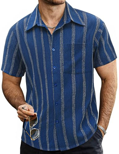 VATPAVE Mens Button Down Short Sleeve Shirt Summer Shirts L Dark Blue