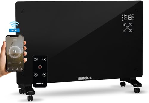 Senelux 2000W Electric Glass Panel Heater, WiFi Smart Convection Heater, with Adjustable 3 Heat Settings Thermostat APP/Remote Control, Energy Efficient Radiator, Wall Mounted or Free Standing, Black