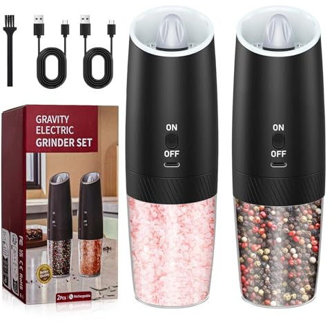 YANJDKLA Rechargeable -Electric Salt and Pepper Grinder Set,with Gravity Sensing Switch and LED Light,One Hand Automatic Operation, Adjustable Coarseness, Matte Black 2 Pack