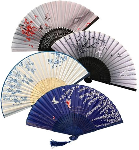 4 Stück Faltbare Fächer Handfächer,Faltbare Fächer Handfächer für eine Abkühlung im Sommer,Chinesischer handfächer Fan Orientalischer Tuch Stoff Fan für Tanz, Party, Hochzeit Geschenke