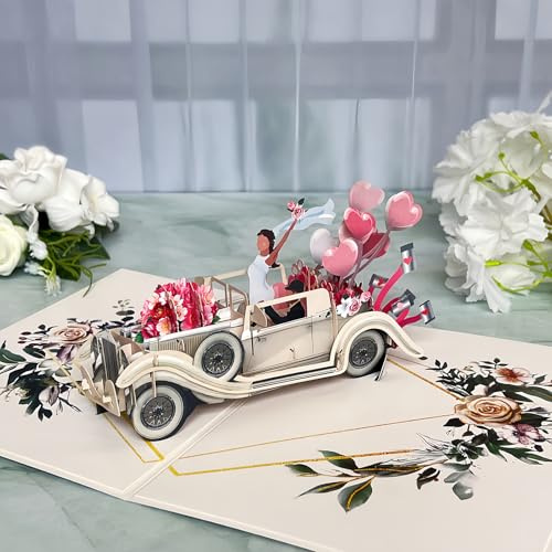 pekifaves Carte pop-up voiture de mariage, 3D Just Married carte de félicitations mariée et marié avec enveloppe, Pour Saint-Valentin, fiançailles, mariage, anniversaire