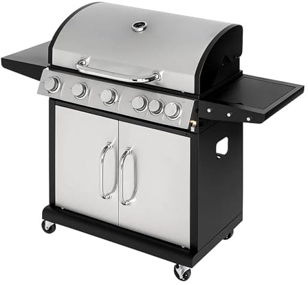 Woodland Grill 5 Burner Gas BBQ With 1 Side Burner – Cast Iron Cooking Grid, Stainless Steel Burners, Warming Rack & Storage Cabinet – Outdoor Garden Barbecue Grill - OC01BQ51005