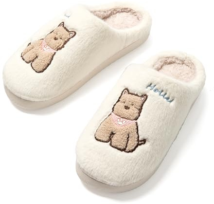 JOMIX Pantofole Donna Invernali con Motivo Cagnolino Ciabatte da Camera Comode e Morbide Slippers Inverno Calde in Peluche Antiscivolo WPW255164 (Bianco,38/39)