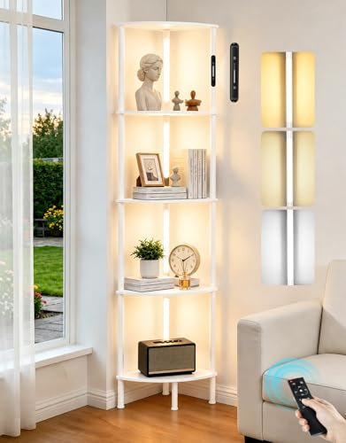 OUTONLIFE Lámpara de Pie con Estantes LED, Control Táctil y Remoto, Luz Giratoria 360°, 3 Temperaturas de Color, Regulable, Estantería Esquinera para Sala, Dormitorio u Oficina