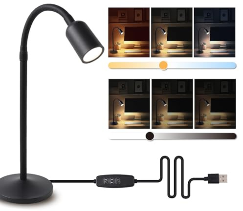 LED Schreibtischlampe Dimmbar USB – Flexible Leselampe mit 3 Farbmodi & Memory-Funktion, Augenschonende Tischlampe Klein mit Schwanenhals für Home Office, Schlafzimmer, Kinder, Nachttisch, Schwarz