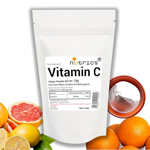 Nutrics® 75g Vitamin C 100% Pure L Ascorbic Acid Vegan Powder Free from Fillers Binders & Bulking Agents