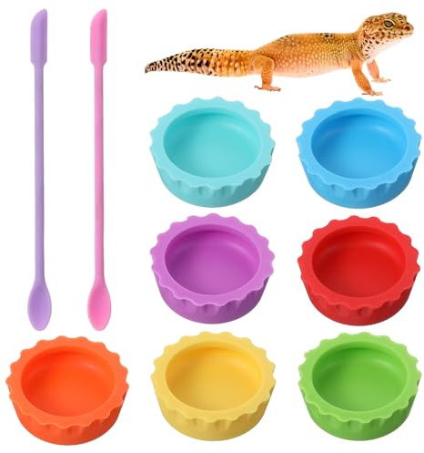 9pcs Crested Gecko Food Dish and Spoons Set Silicone Geckos Feeding Cups Colorful Food and Water Bowl Gecko Tank Accessories for Crested Geckos Hermit Crabtortoise Tarantula Lizard