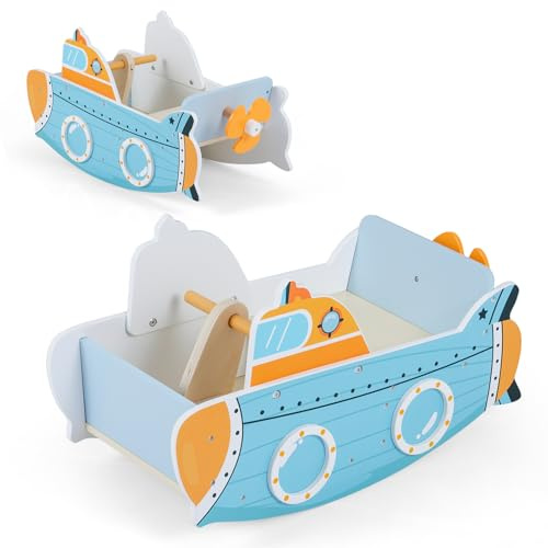 COSTWAY Gungbåt barn från 1 år, gunghäst trä med nautisk design, roterande propeller, björkträhandtag och bred sits, gungleksak för bebisar, gunggunggunggunggunggunggunggunggunga, rymmer upp till 20