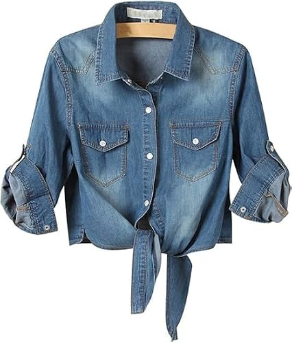Omoone Womens Cropped Denim Jacket 3/4 Sleeve Tie Front Jean Blouse Top | Button Down, Lapel Collar, Lightweight, Soft Cotton, Cowgirl Jean Shirts, Maternity Friendly, Beach Vacation, All-Season Wear