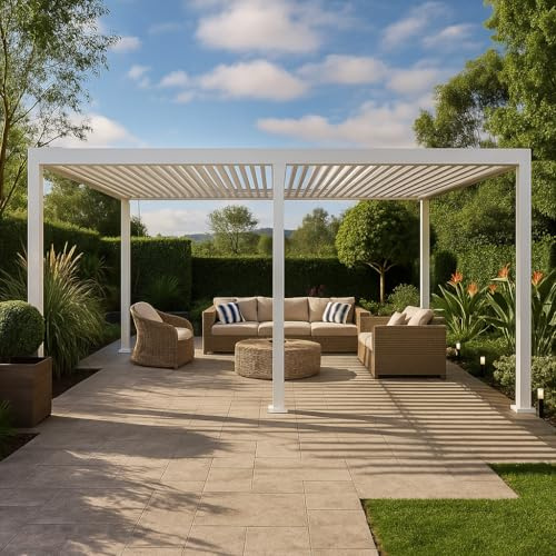 Pergola Bioclimatica Luxury con struttura in alluminio Bianco, tetto lamellare orientabile, da giardino e veranda (3 x 6 mt)