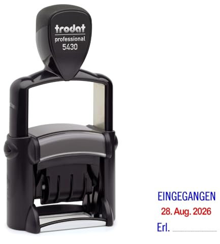 Trodat Professional Dater 5430 Datumstempel mit 2farbigem Kissen blau/rot + Wunschtext, Stempeltext:E I N G E G A N G E N