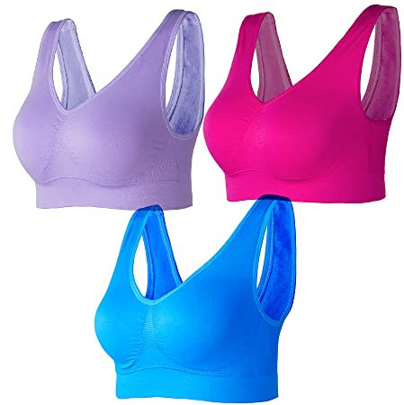 Lemef 3-Pack Seamless Sports Bra Wirefree Yoga Bra with Removable Pads for Women, Rose Red&dark Blue&dark Purple, XL