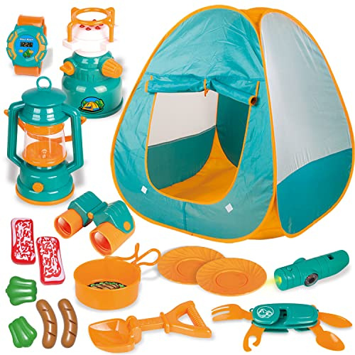 FUN LITTLE TOYS Pop Up Play Tent with Camping Gear and Tools Set, Outdoor Toys for Kids