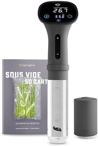 SPRINGLANE Sous-Vide-Garer Henry inkl. Vakuumierer und Vakuumiertüten, Vakuumgarer Stick, LED Touch-Display, Umwälzpumpe & Abschaltautomatik - Grau 1200 W + Rezeptheft