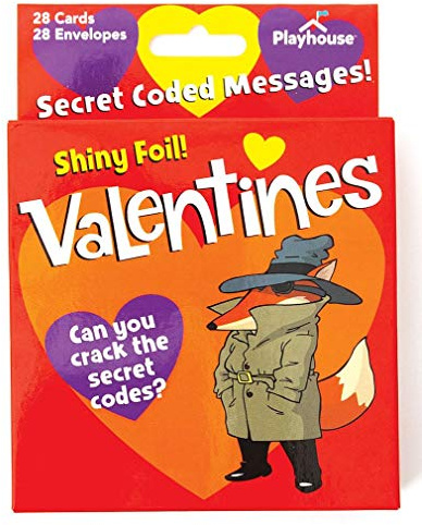 Playhouse Secret Codes Shiny Foil 28 Card Valentine Exchange Box with Envelopes for Kids