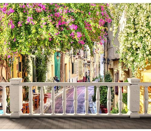 decomonkey Fototapete Toskana Italien 350x256 cm XXL Tapete Wandbild Bild Fototapeten Tapeten Wandtapete Wand Schlafzimmer Wohnzimmer Blumen Pflanzen Architektur