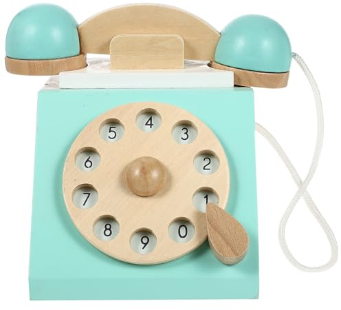 TOYANDONA Wooden Landline Telephone Toy Children Play House Antique Dial Telephone Toy for Toddlers Pretend Phones, Blue, Medium