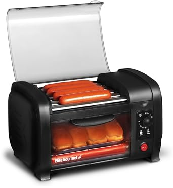 Elite Gourmet EHD-051B Hot Dog Toaster Oven, 30-Min Timer, Stainless Steel Heat Rollers Bake & Crumb Tray, World Series Baseball, 4 Bun Capacity, Black
