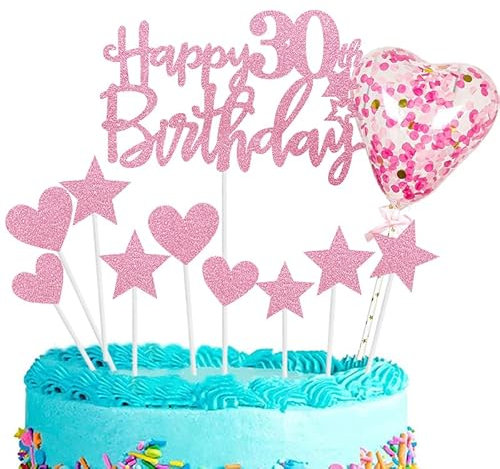 11pcs Pink Happy 30th Birthday Cake Toppers,Personalised Cake Topper for Man&Woman,30th Birthday Cake Decorations Glitter Cupcake Toppers Cake Toppers Kits 5 Star 4 Heart with Balloon