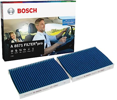 Bosch A8571 FILTER+pro Innenraumfilter - hocheffizienter Ersatzfilter - filtert effektiv Pollen, Feinstaub, Schimmel, Bakterien und Viren - für bessere Luftqualität im Fahrzeuginnenraum - 2 Filter