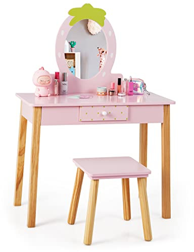 HONEY JOY Kids Vanity, Strawberry Themed Princess Makeup Vanity Set for Little Girls, Real Oval Mirror, Toddler Bedroom Dressing Table & Stool Set, Wooden Girls Vanity Set with Mirror and Stool, Pink