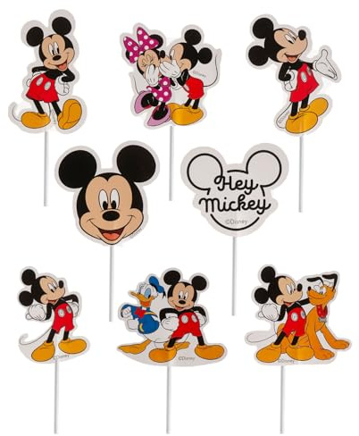 dekora - Cake Toppers Mickey Mouse pour décorer gâteaux et cupcakes, pics en papier pour anniversaires et fêtes, 16 unités, 8 modèles.