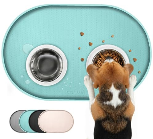 Conlun Tappetino Ciotola Cane, Tappetino Ciotole Gatto con Bordi Rialzati di 1,2 cm per Contenimento Degli Schizzi, Tappetino Silicone per Animali Senza BPA, Sottociotola per Cani(Turchese,48x30 cm)