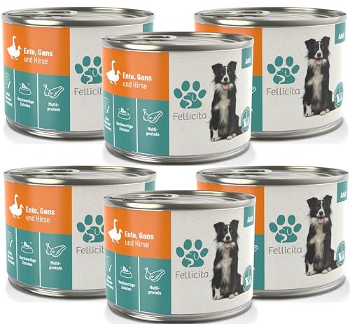 Fellicita Premium Nassfutter für Hunde - Ente, Gans & Hirse - 6er Pack - 6 x 200g - Multiprotein, hochwertiges Hundenassfutter, leckere Pastete, Alleinfuttermittel