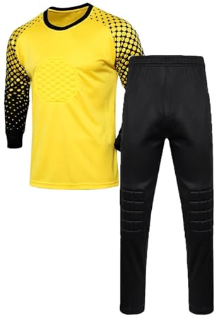 ZUYPSK Ensemble maillot de gardien de but de football pour garçon - Maillot de sport et pantalon de sport rembourré à manches longues - Équipement de protection, jaune, 128