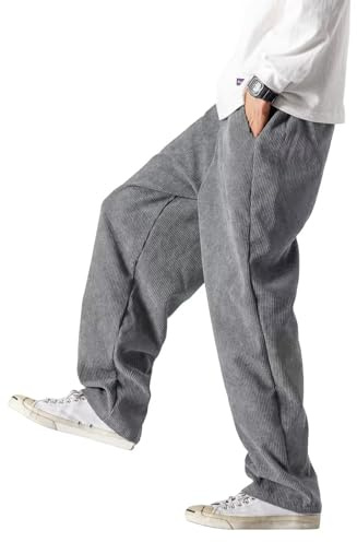 HALOMR Pantaloni da Uomo in Velluto a Coste espandibile in Vita Pantaloni Larghi Casual vestibilità Comoda Cotone Rosa, Grigio, S