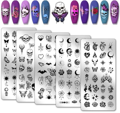 PH PandaHall - Lote de 5 placas de estampado para uñas, diseño gótico con calavera, estilo lunar y stelar, para manicura y modelos de arte femeninos, Halloween