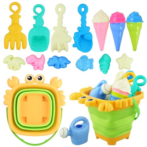 Ecofocet 15 Stück Sandspielzeug Set mit Faltbarem Eimer und 3 Themenformen, Buntes Strandspielzeug für Kinder ab 3 Jahre, Sandkasten Spielzeug mit Schaufeln Sandförmchen - Zufällige Farbe