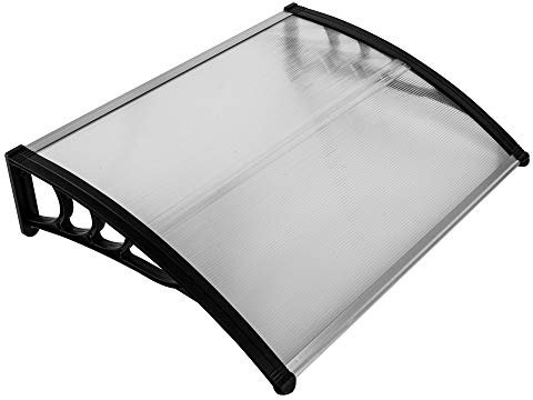Bonnlo Auvent Porte D'entree Marquise de Porte Exterieur en Polycarbonate et Plastique Toit Protection Contre la Pluie et Le Soleil (Transparent,Support Noir, 80x100x23cm)