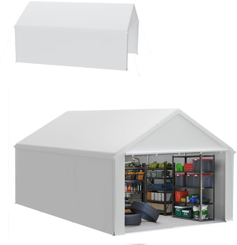 Froadp Tente de rangement, 4 x 6 m, abri de jardin et garage, résistant aux intempéries, avec bâche en polyéthylène robuste et cadre en acier, idéale pour outils, palettes, jardin et chantier, blanche
