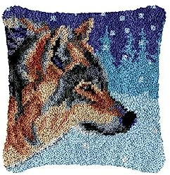 ROCKY&CHAO Latch Hook Kit for Adults & Kids, Complete DIY Cushion Making Craft Kits with Yarn & Canvas and Crochet Needle, Latch Hook Pillow Cover Adult Craft Kits for Women - Brown Wolf 43x43cm