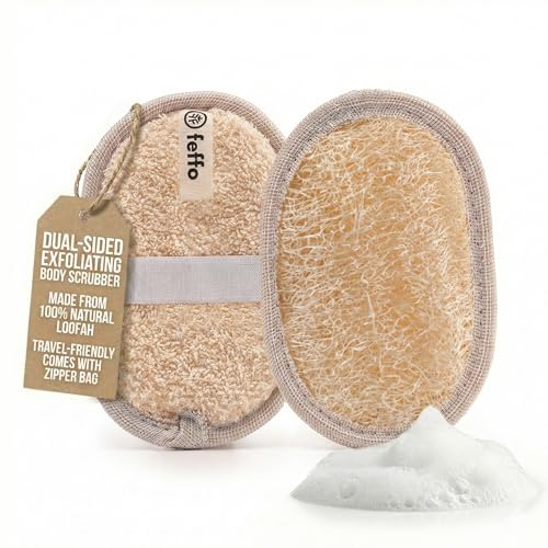 Feffo Natural Loofah Sponge for Body Scrub, Exfoliating Body Scrubber & Loofah with Handle, Exfoliating Pads, Loofah for Women, Men & Kids (2 Count - 1 Pack, Oval)