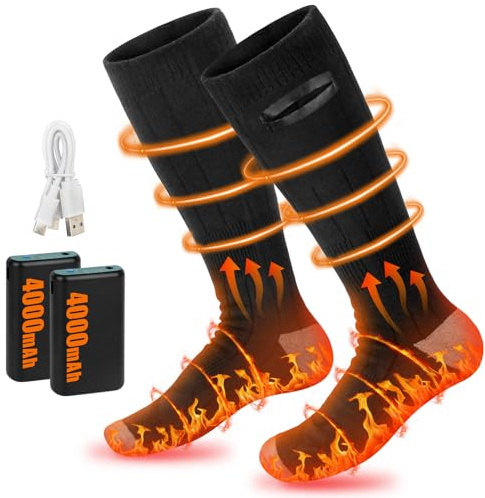 Mineup Chaussettes Chauffantes, 2x4000 MAh Chaussettes Chauffantes USB Rechargeables Électriques, Chauffage Chaussett d'hiver Coton avec 3 Niveaux De Température, Chauffe Pied pour Ski Camping Moto