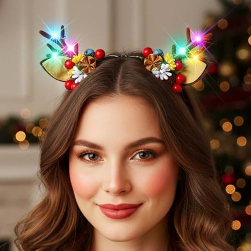 Unicra julbelysning pannband ren antlers LED pannband jul hårtillbehör för kvinnor och vuxna (öra, en storlek)
