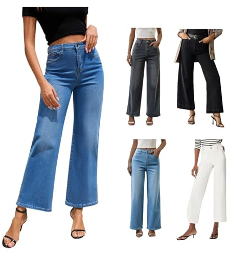 Generico Jeans Donna, Cropped Gamba Larga Vita Alta Tinta Unita, Pantaloni Capri Denim Larghi Casual Morbidi Comodi per Primavera Estate