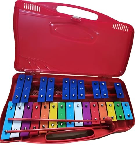 Glockenspiel Xylophone Metallophone 25 Keys Metallic Instrument ，25 Tone Aluminum Plate Musical, Hand Percussion, with Yellow Case ，Manual Percussion Metallophone