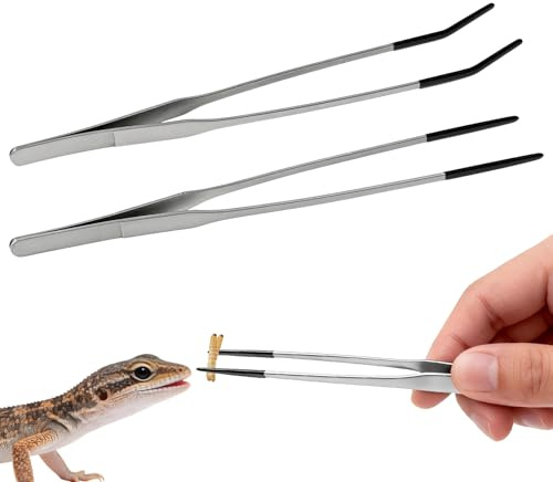 2PCS Reptile Feeding Tongs,10.6 Extra Long Stainless Steel Tweezers with Rubber Tips, Bearded Dragon Lizards Aquarium Straight and Curved Long Tweezers for Snake Feeding, Terrarium, Aquarium(Silver)
