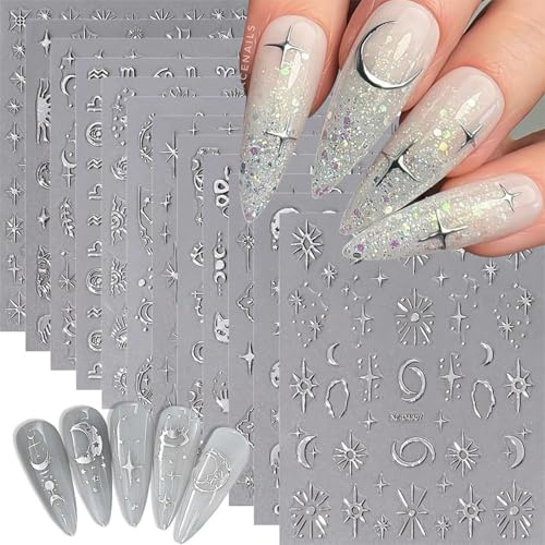 VelvetGlow 12 Bögen Silberne Nagelkunst Aufkleber Stern Mond Nagelaufkleber für Nagelkunst Selbstklebende Schlangen Nagelaufkleber