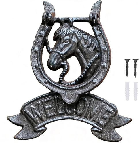 Nenkarn Cast Iron Horse Door Knocker, 8.3 x 7.3 Inches Heavy Duty Rust-Resistant Vintage Welcome Sign, Durable One-Piece Molding Front Door Handle for Farmhouse and Garden Gate, Black