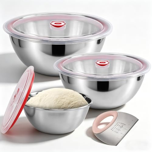 iklestar 3 PCS Contenedor Para Fermentación De Pizza,800 Ml/1200 Ml/ 1800 Ml Cajas Fermentadora Para Masa Para Pizza, Apilables De Acero Inoxidable 304 Con Tapa, Incluye Raspador De Masa