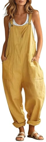 Salopette Femme D'été Coton Lin Fluide Combinaison Longuewear Baggy Bretelles sans Manches Couleur Unie Coupe Ample Pantalons Léger Combishort Confortable avec Poches Respirant Salopette (Yellow, L)