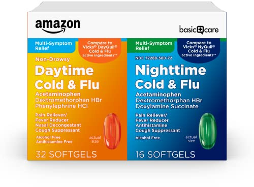 Amazon Basic Care Cold and Flu Relief, Daytime and Nighttime Combo Pack Softgels for Multi-Symptom Relief, Sore Throat, Cough, Nasal Congestion, Headache, 48 Count (Pack of 1)