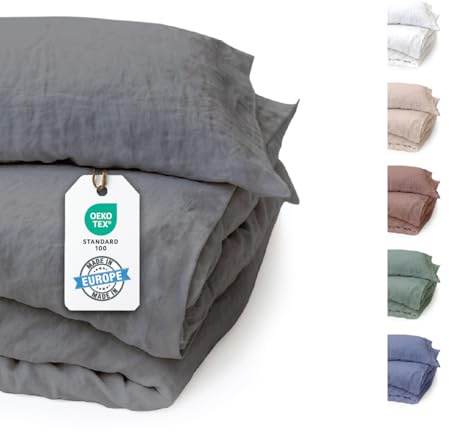 BLUE MOON Ropa de cama de lino de 135 x 200 cm, certificado Öko-Tex, 2 piezas, 1 funda nórdica de 135 x 200 cm y 1 funda de almohada de 80 x 80 cm, ropa de cama de lujo 100 % lino, fabricada en la UE,