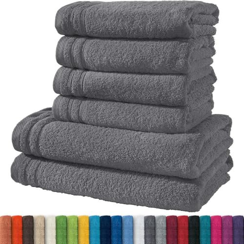Erwin Müller Handtuchset, Frottierset Heidelberg 6-TLG. 100% Baumwolle anthrazit - leichte Qualität, saugstark, schnelltrocknend, kompakt - ideal für Sport, Strand, Reisen